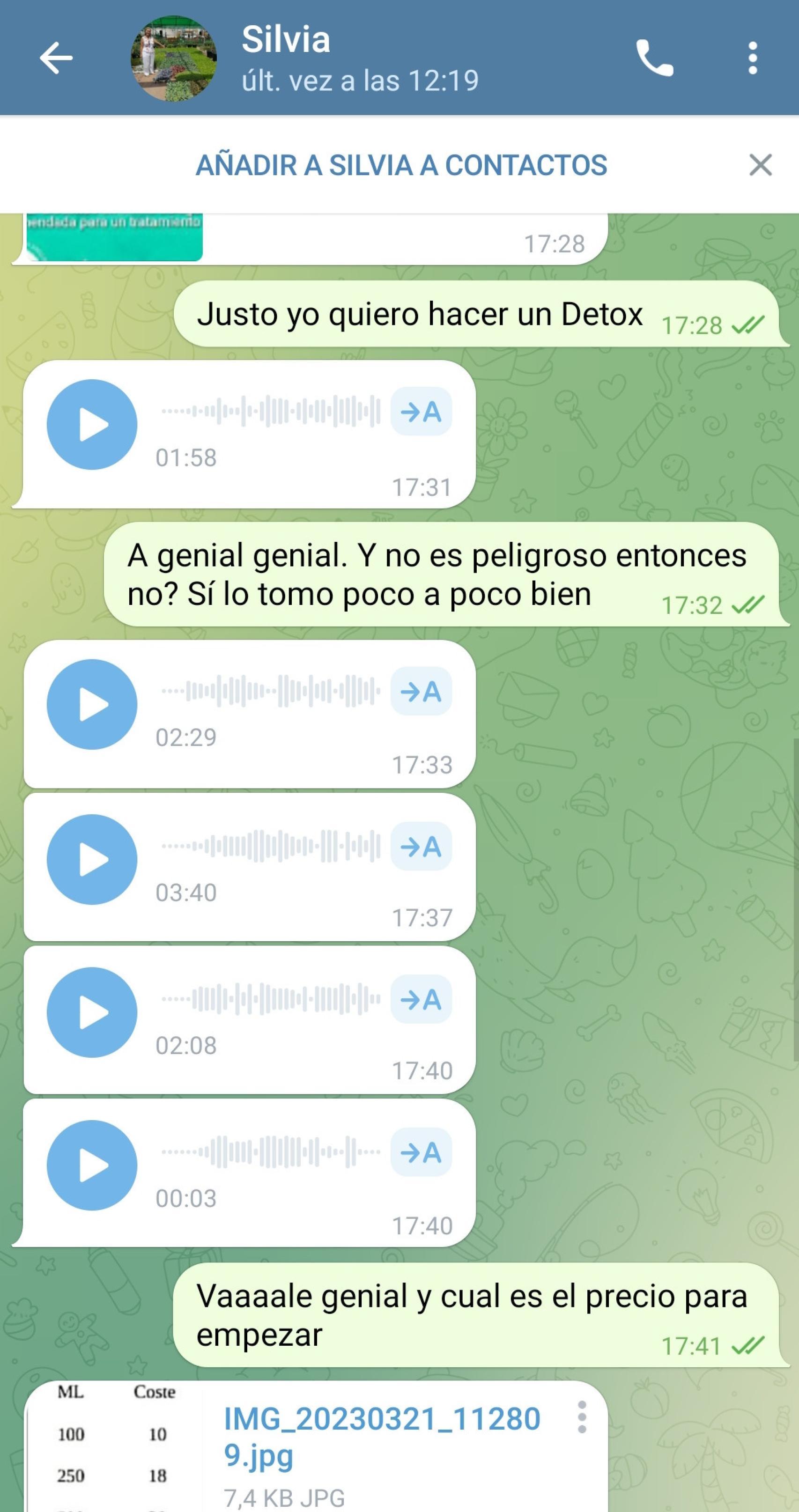 Vista de la conversación por WhatsApp con Silvia, una de las promotoras de la peligrosa pseudoterapia