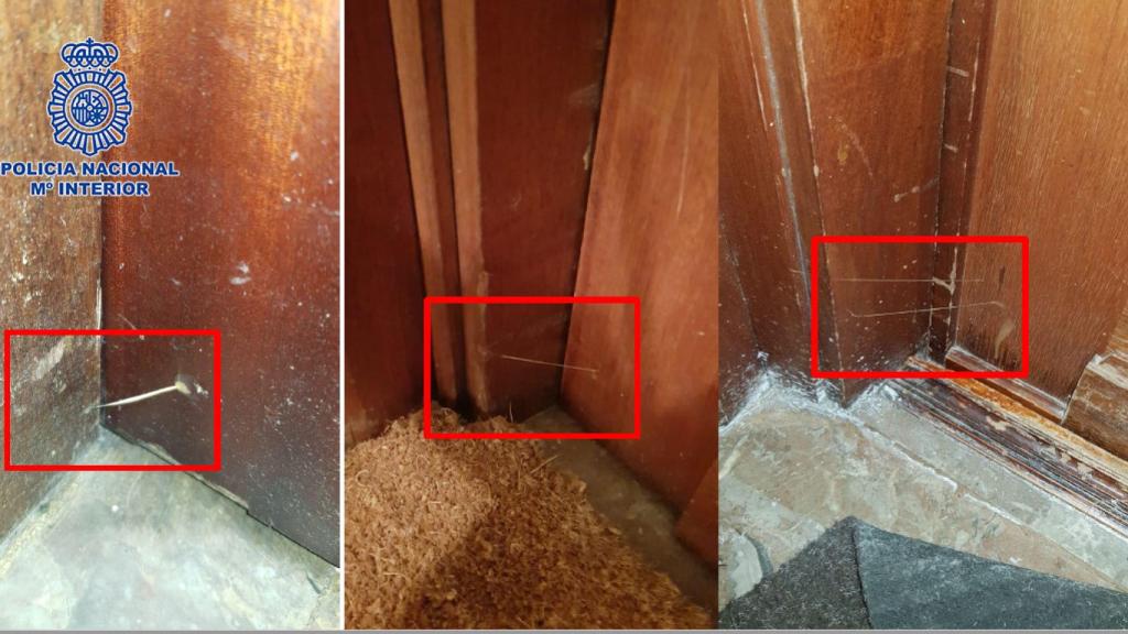 Hilos de pegamento colocados en puertas por ladrones.