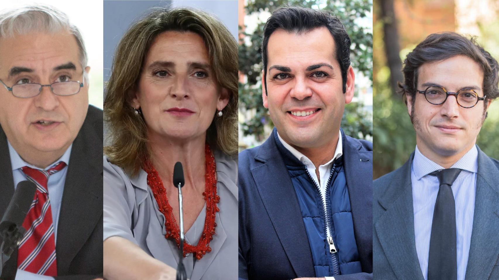 Portavoces de política energética de Sumar, PSOE, PP y Vox para la campaña electoral del 23J. De izda a dcha: Fernando Ferrando (Sumar), Teresa Ribera (PSOE), Juan Diego Requena (PP) y José María Figaredo (Vox)
