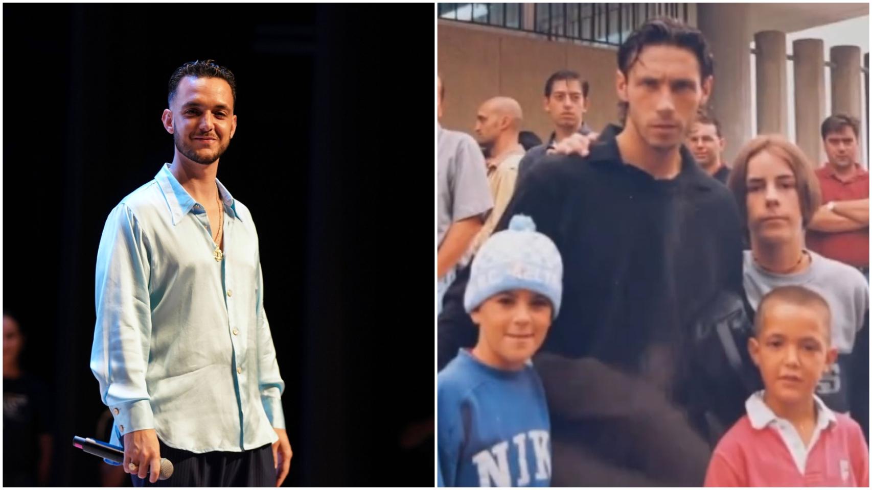 A la izquierda, C. Tangana en el acto de este jueves, a la derecha, el artista junto a Mostovoi.