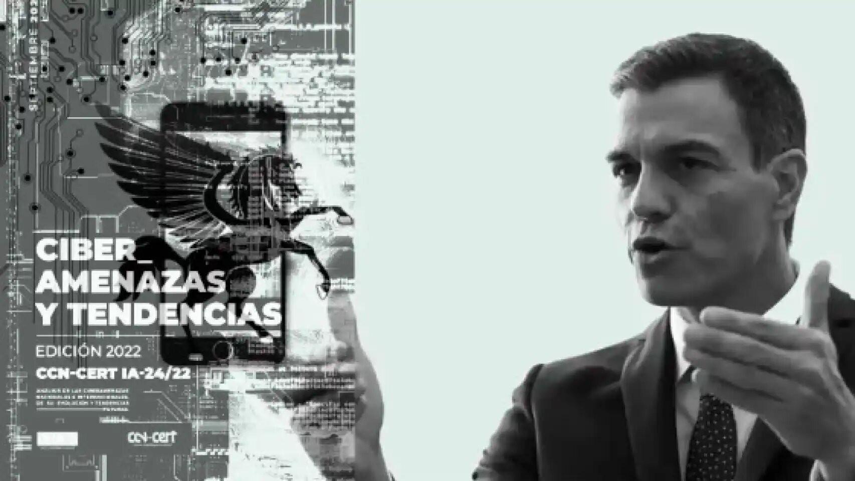 Pedro Sánchez en un fotomontaje con la portada del informe, un smartphone y Pegasus. EL ESPAÑOL
