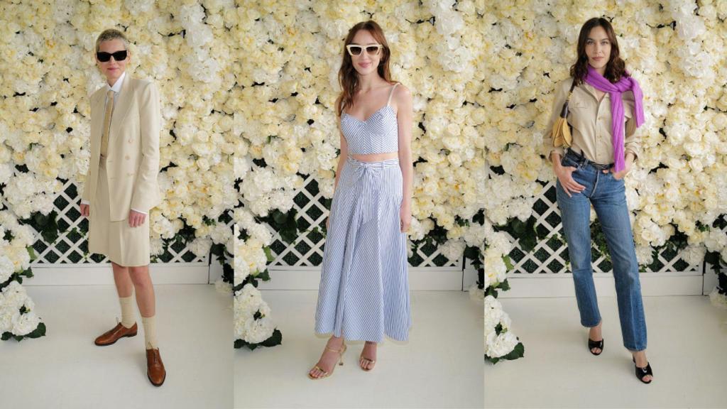 De izquierda a derecha, Emma Corrin, Phoebe Dynevor y Alexa Chung con estilismos de Ralph Lauren.