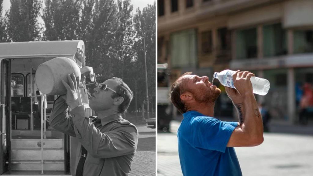 Un conductor de autobús se refresca con un botijo y un trabajador hace lo propio, con 50 años de diferencia.