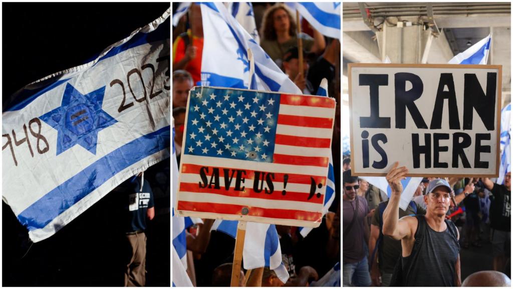 Pancartas en las protestas del martes que rezan: 1948-2023, ¡Salvadnos! e Irán es esto.