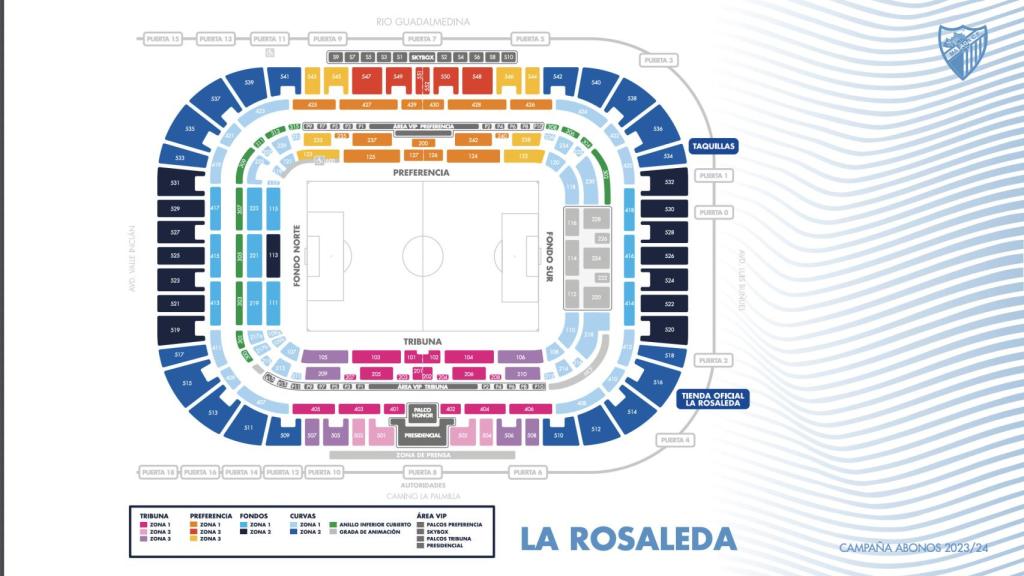Zonas del estadio de La Rosaleda para la venta de abonos