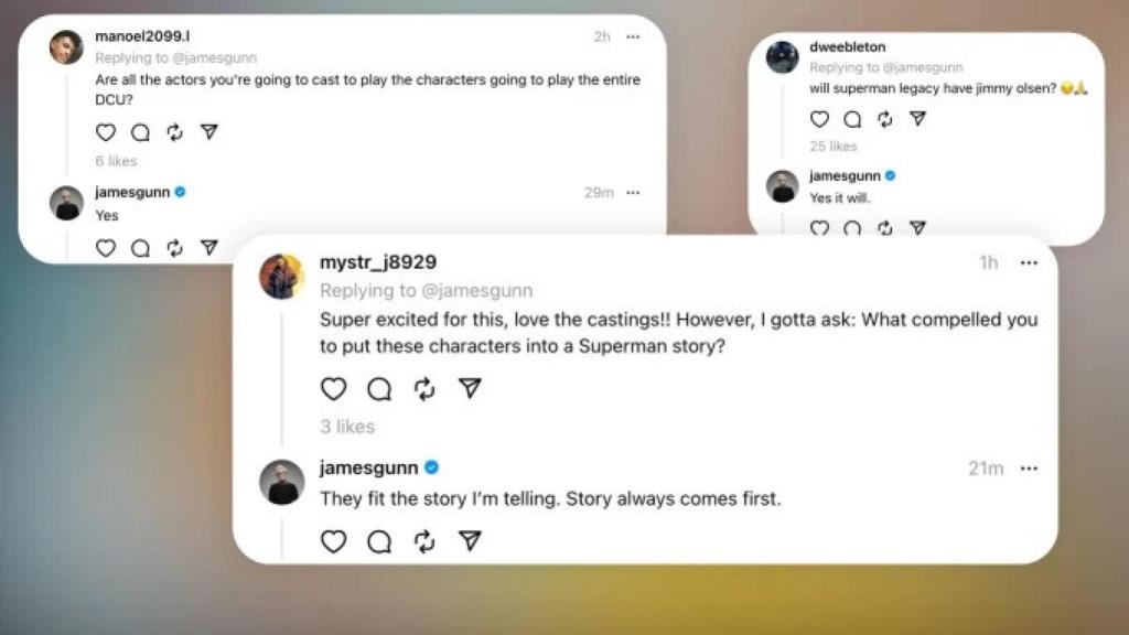 Imagen de las conversaciones de James Gunn con los fans en Threads publicadas por Deadline.