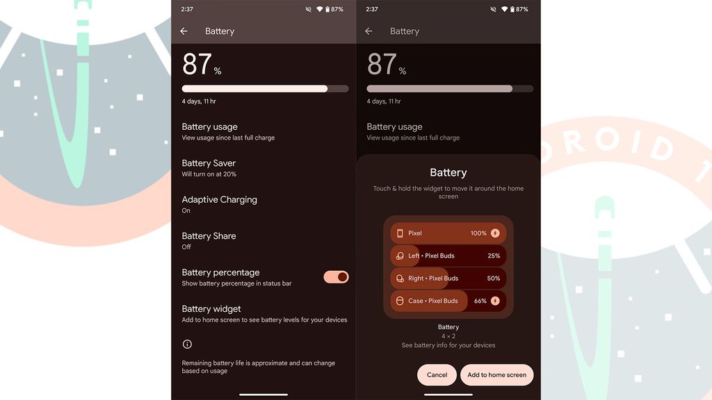 Widget en la sección de ajustes