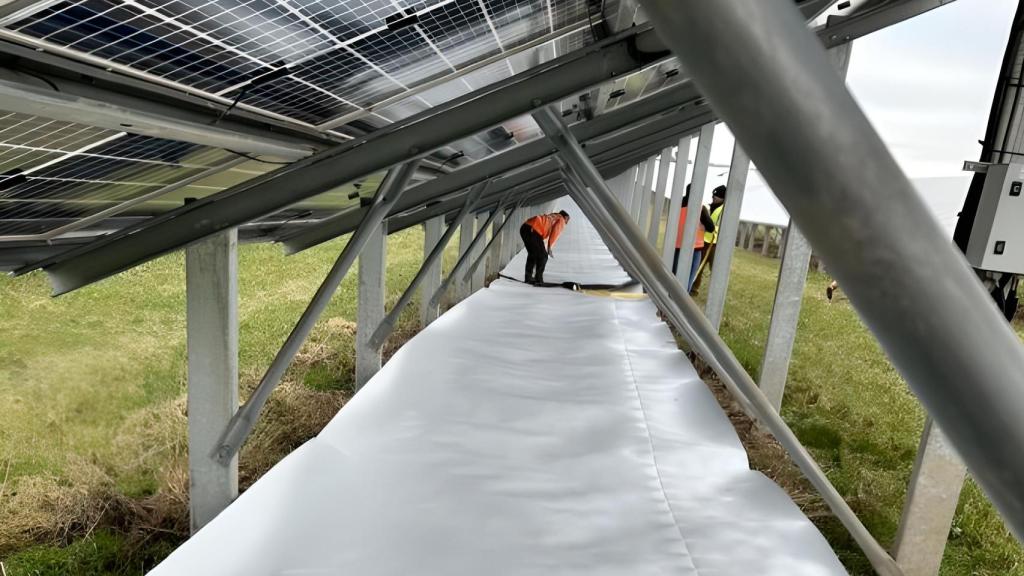 Operarios colocando el revestimiento de color blanco debajo de placas solares.