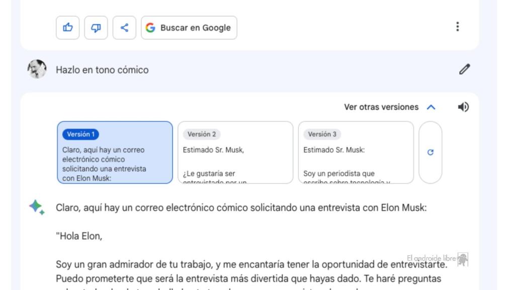 Hay tres versiones de cada respuesta de Bard