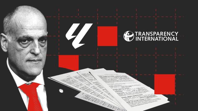 Javier Tebas, en un fotomontaje junto a los logotipos de LaLiga y Transparencia Internacional