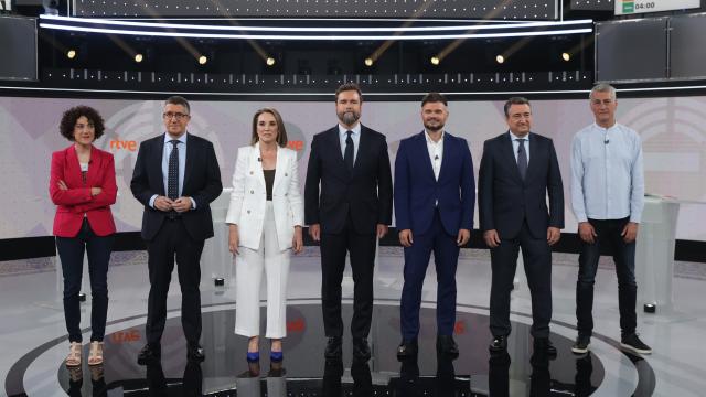 Vidal, López, Gamarra, Fortes, Espinosa de los Monteros, Rufián, Esteban y Matute, este jueves en el plató de TVE.