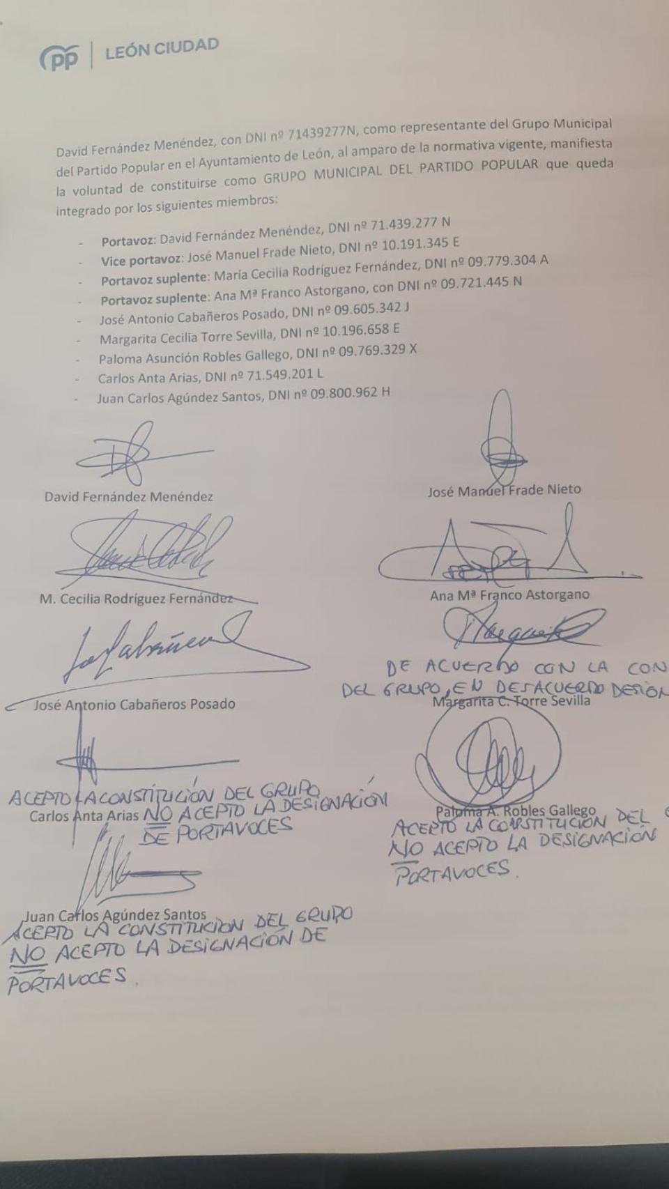 Documento de constitución del Grupo Popular en el Ayuntamiento de León con las anotaciones de los concejales.