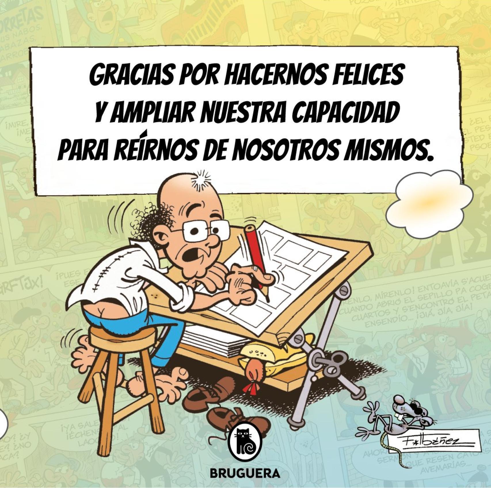 Autorretrato de Ibáñez compartido por Bruguera con un mensaje de despedida al autor.