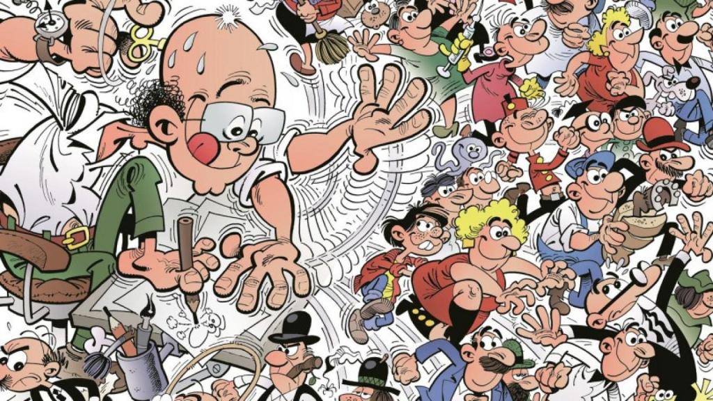 Autorretrato de Ibáñez junto a muchos de sus personajes, entre ellos Mortadelo, Filemón, Ofelia, el superintendente Vicente, el botones Sacarino, Rompetechos, Pepe Gotera y Otilio