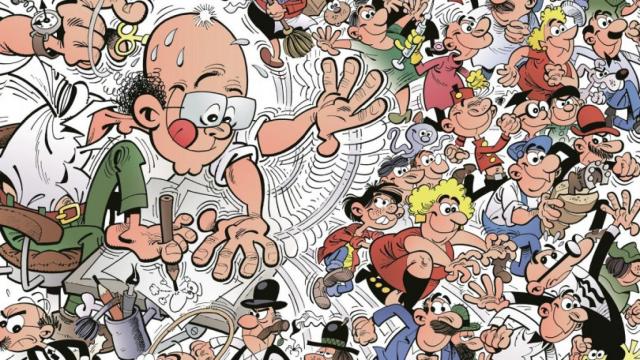 Autorretrato de Ibáñez junto a muchos de sus personajes, entre ellos Mortadelo, Filemón, Ofelia, el superintendente Vicente, Rompetechos, Pepe Gotera y Otilio