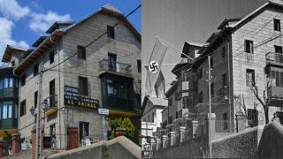 A la izquierda, el edificio del Hostal Longinos El Aribel, en una fotografía de 2019; a la derecha, la  misma construcción en 1943, cuando albergaba
