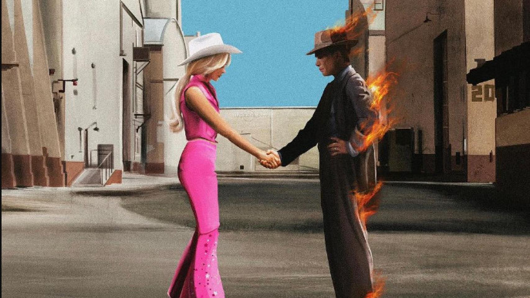 Meme de Barbenheimer emulando la imagen de un disco de Pink Floyd.