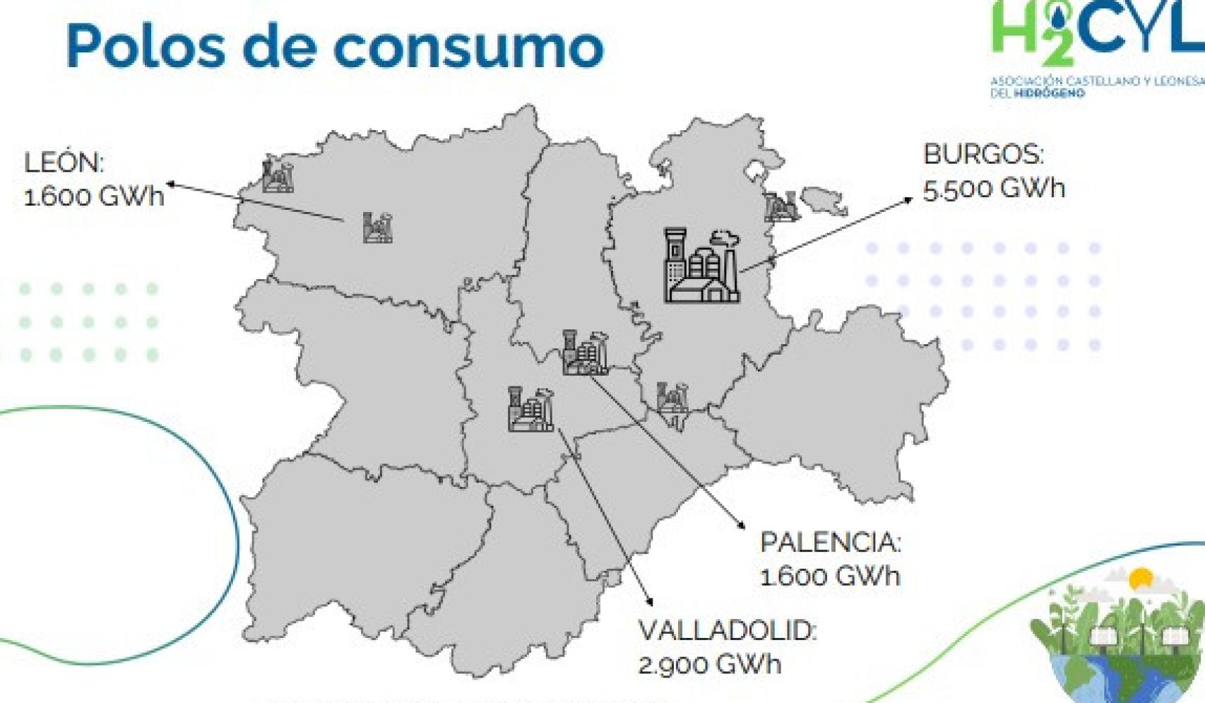 Mapa de los principales polos de consumo industrial de Castilla y León.