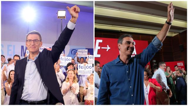 A la izquierda, Feijóo en su mítin de este martes en Palma; a la derecha, Sánchez en San Sebastián.