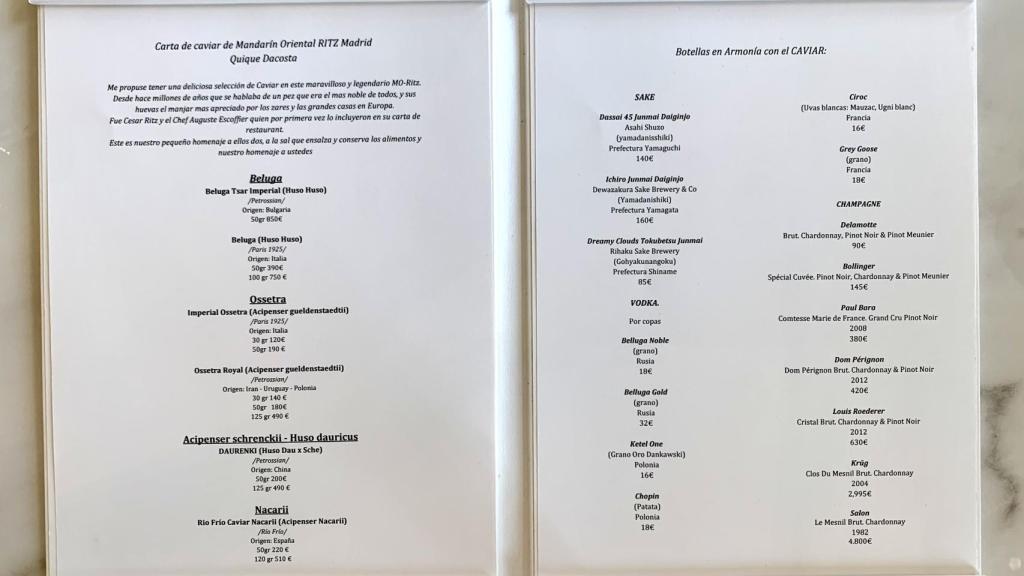La carta del caviar en Deessa.