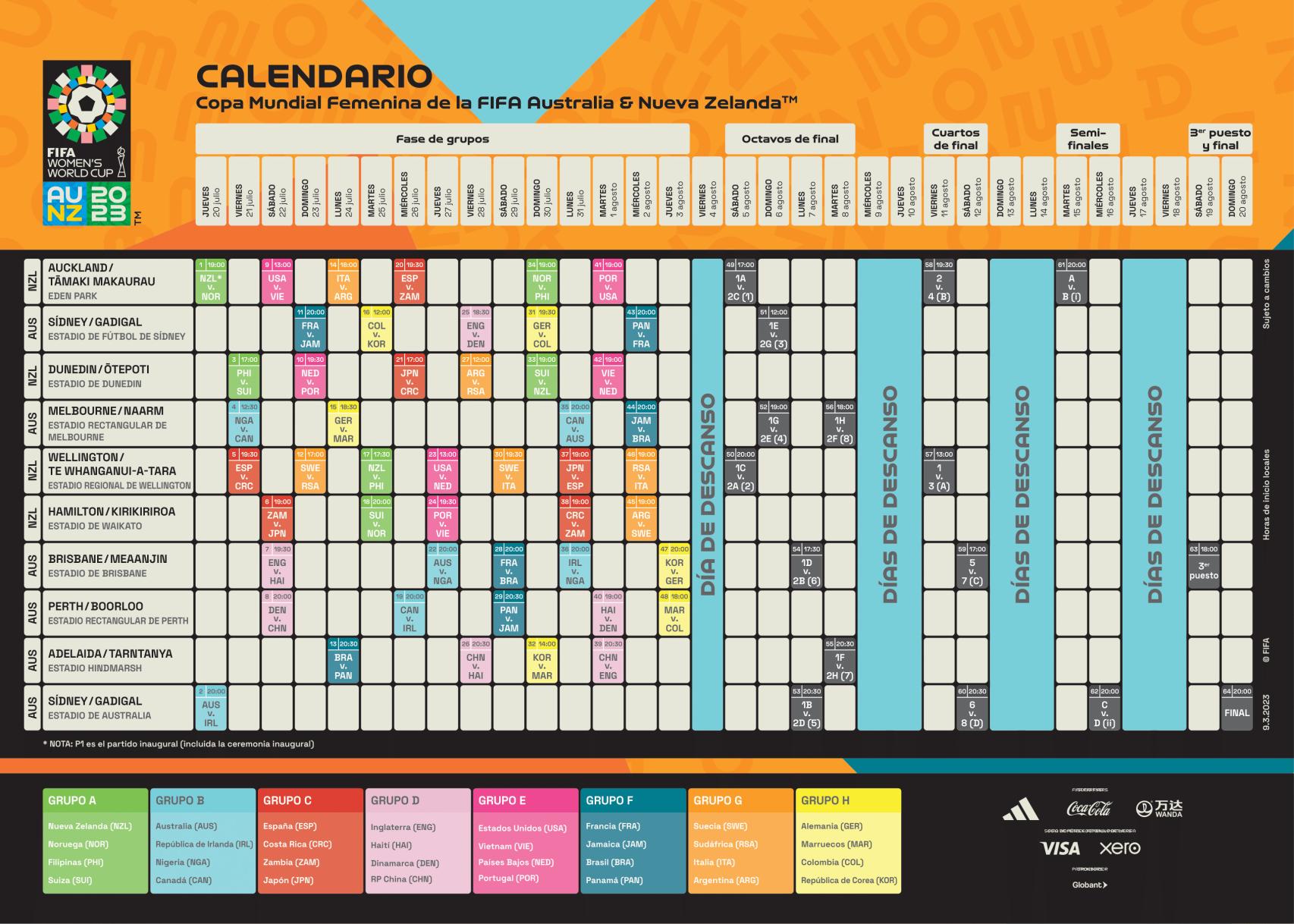 Calendario del Mundial de Australia y Nueva Zelanda 2023