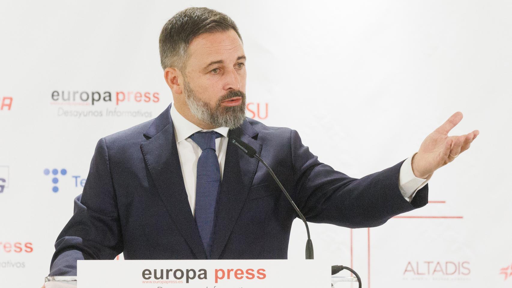 El líder de Vox, Santiago Abascal, en un desayuno organizado por Europa Press este martes.
