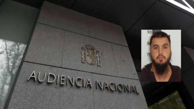Fotomontaje de la fachada de la Audiencia Nacional, junto a una imagen del rostro de Mohamed El Mahdaoui.