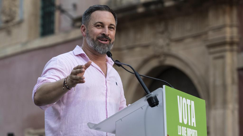 El candidato de Vox, Santiago Abascal, durante el mitin que ofreció este jueves en Murcia.