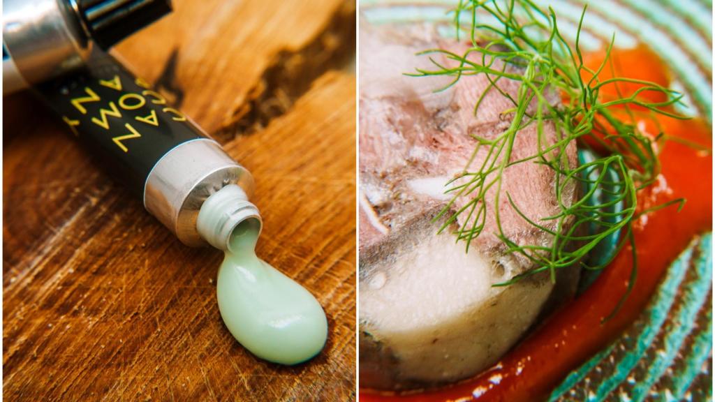La crema de manos a partir de grasa de cerdo y Anima con el embutido de cerdo y calamar.