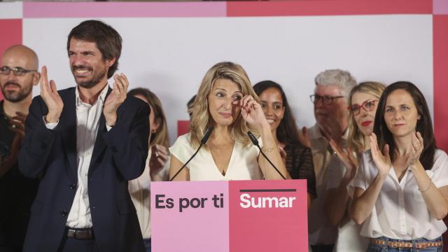 La líder de Sumar, Yolanda Díaz, comparece junto a los dirigentes de la coalición tras los resultados de las elecciones del 23-J.