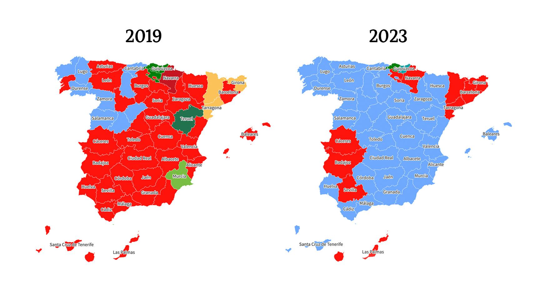 Partidos más votado en cada provincia en las elecciones generales de 2019 y 2023.