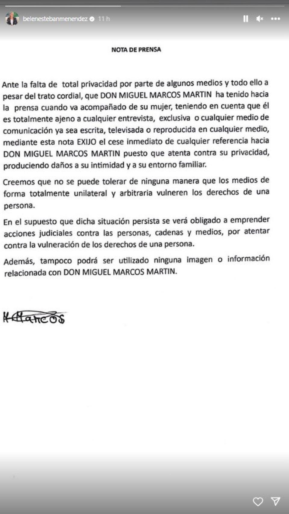 Comunicado de Miguel Marcos en la cuenta de Instagram de Belén Esteban.