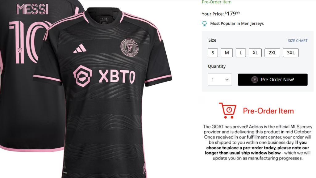 Página web del Inter de Miami y su mensaje al comprar una camiseta de Messi.