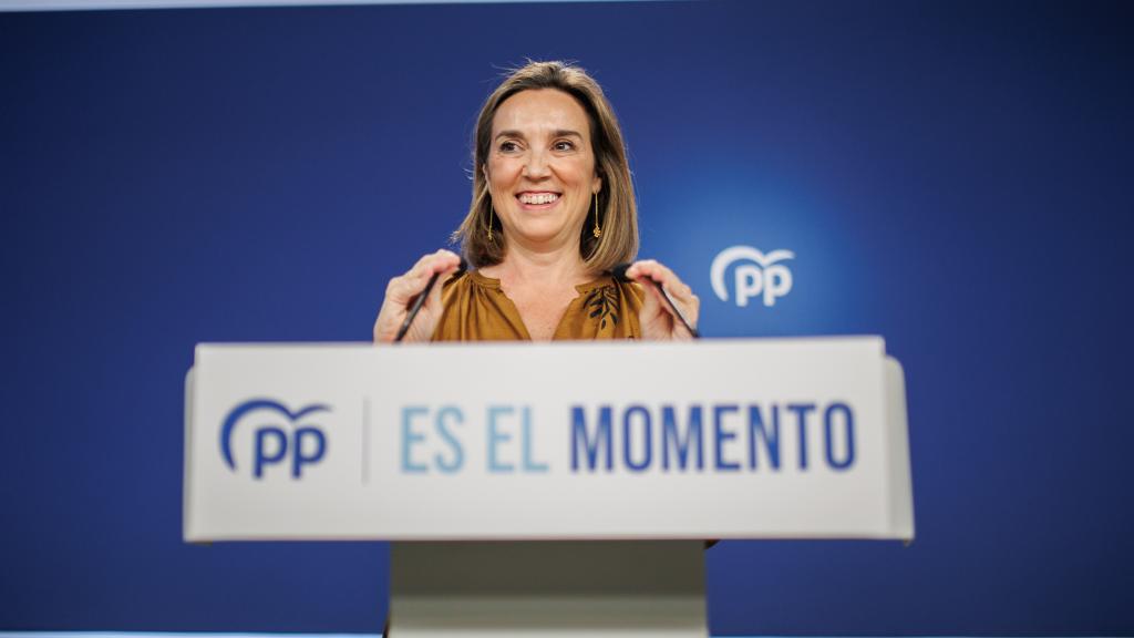 Cuca Gamarra, secretaria general del PP, ofrece una rueda de prensa este lunes en Génova.