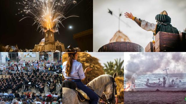 De arriba a abajo, de izquierda a derecha, imágenes de Elche, Cocentaina, Dénia, Dolores y Alicante.