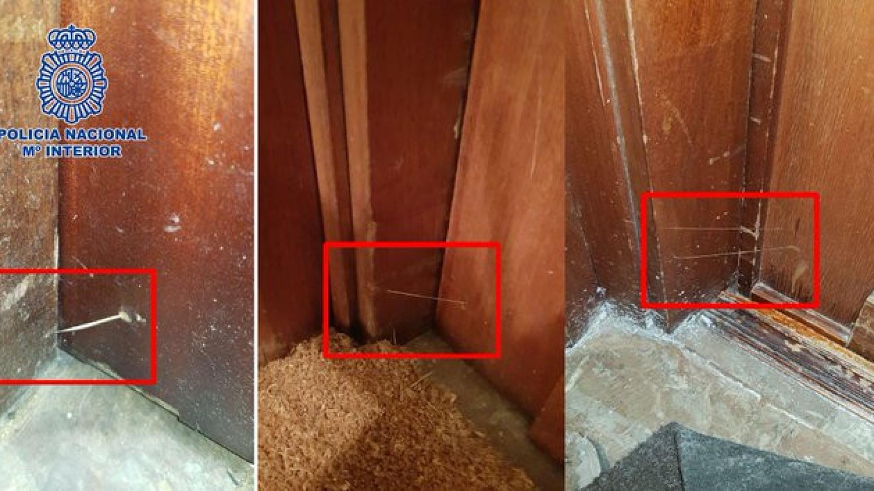 Marcas con hilos y pegamentos en varias puertas realizadas por ladrones