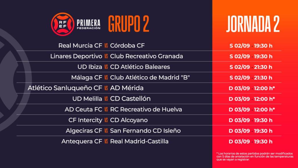 Los horarios de la jornada 2 del Grupo 2 de Primera RFEF