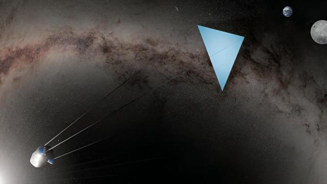 Representación de parasol enganchado a un asteroide
