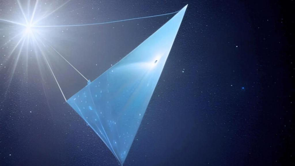 Representación de escudo solar atado a un asteroide