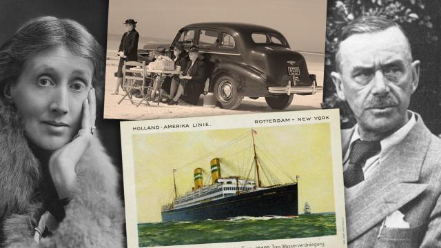 Virginia Woolf y Thomas Mann. Arriba, imagen que ilustra la portada de 'De viaje' (Nórdica), de Woolf. Abajo, postal del Volendam, trasatlántico en el que viajó Mann de Rotterdam a Nueva York leyendo el 'Quijote'. Collage: F. D.