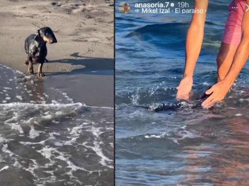 Dos momentos de la jornada playera de Ana Soria en un montaje de EL ESPAÑOL.