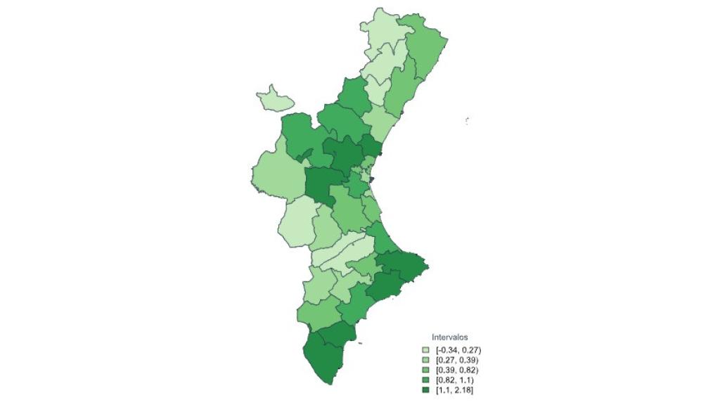 Incremento medio anual de cada una de las comarcas de la Comunidad.