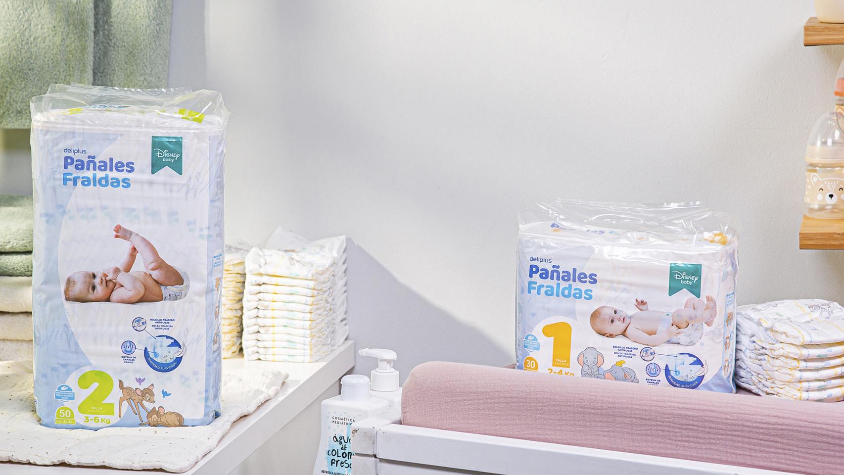 Imagen de paquetes de pañales de Deliplus, de las tallas 1 y 2, a la venta en Mercadona.