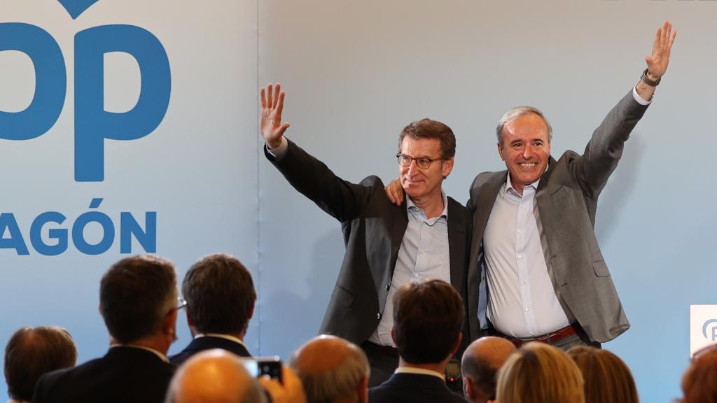 El exalcalde de Zaragoza y candidato del PP a presidir Aragón, Jorge Azcón, con Alberto Núñez Feijóo.