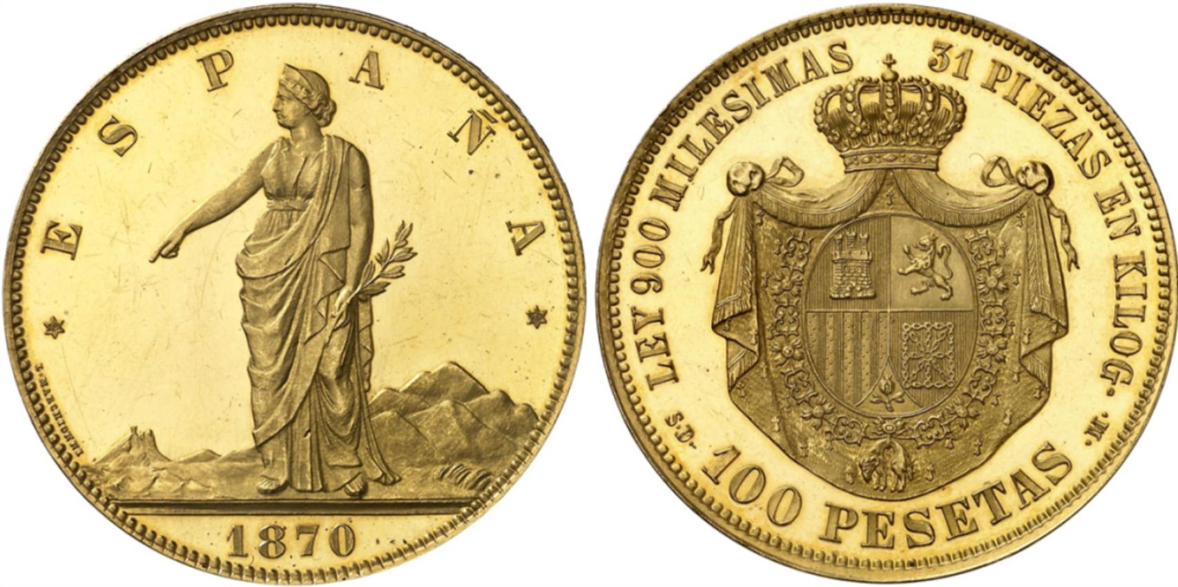 Moneda de 100 pesetas de 1870.