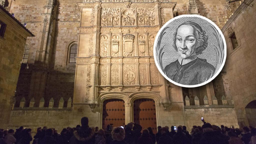 Diego de Torres Villarroel, en un montaje sobre la fachada de la Universidad de Salamanca