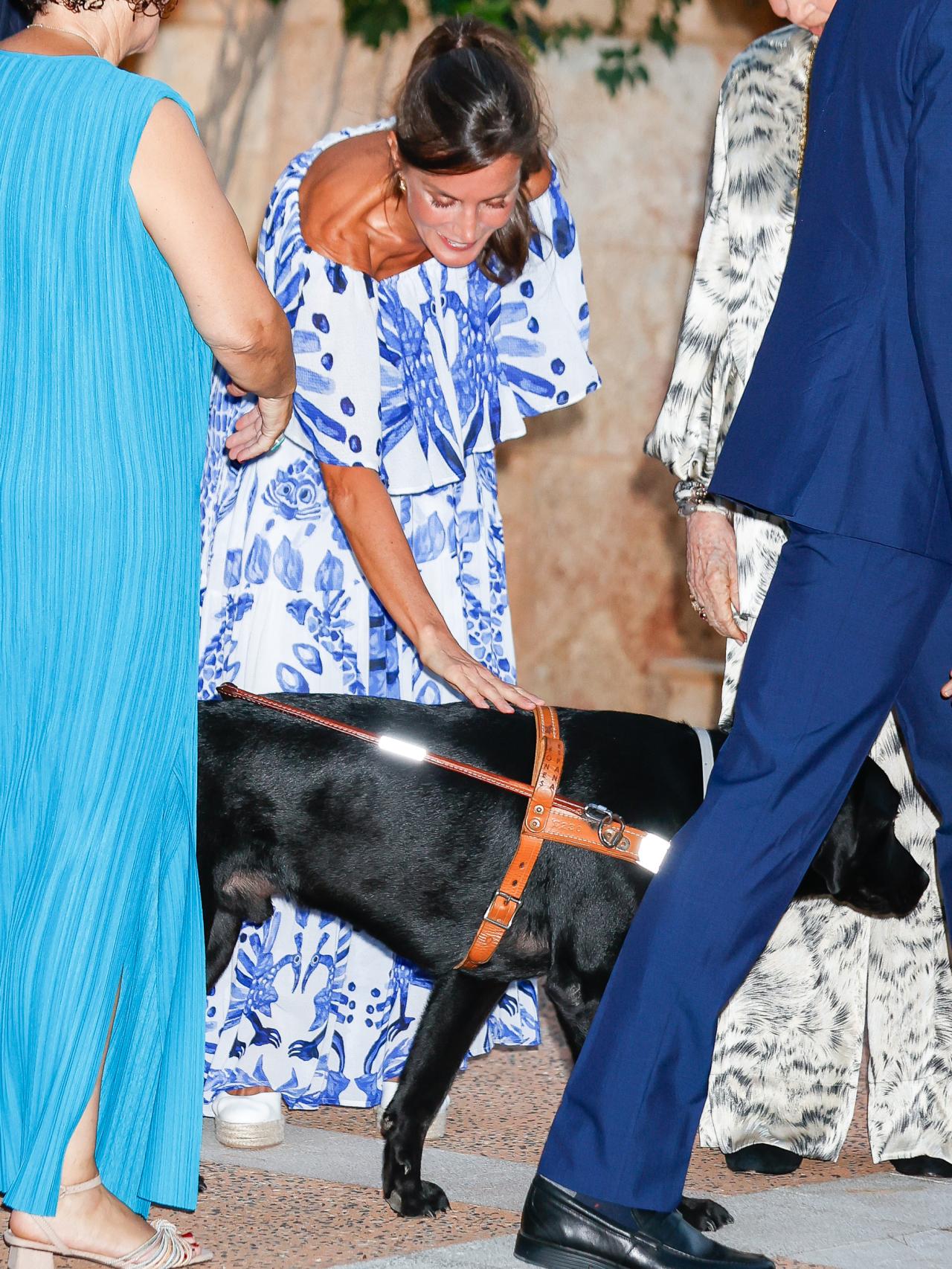 Letizia, muy cariñosa con el perro de un invidente en Marivent.