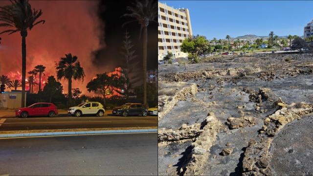 Un momento del incendio, anoche y cómo ha quedado extinguido, esta mañana.