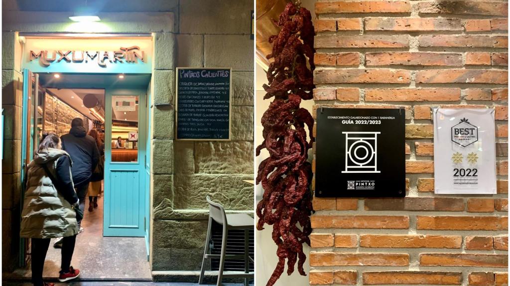 Eskerne Falcon entrando a MuxuMartín y su bandarilla del Instituto del Pintxo de San Sebastián