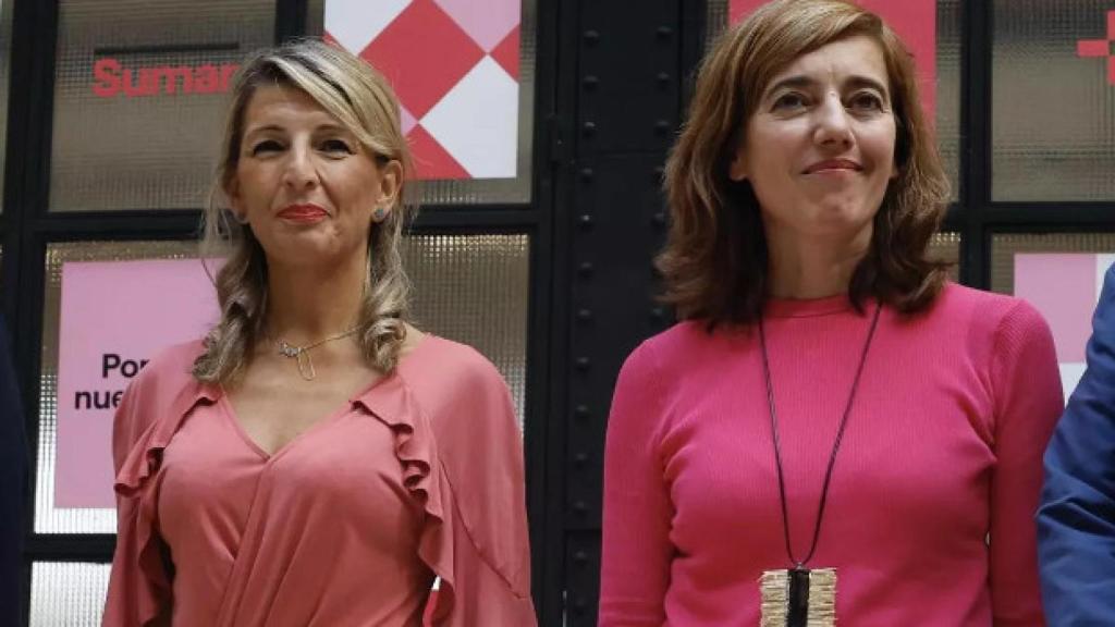 Yolanda Díaz y Marta Lois en la sede de Sumar en Madrid